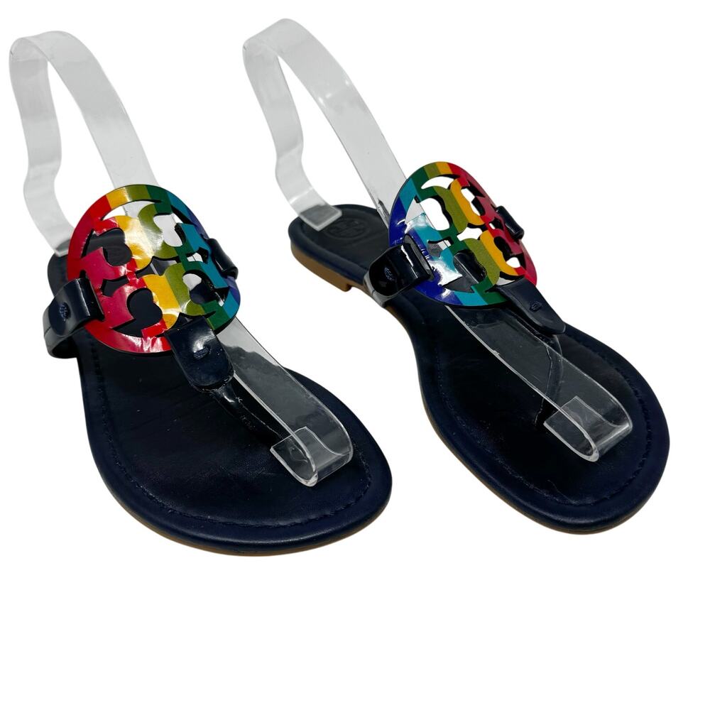 TORY BURCH Navy Blue Rainbow Stripe Miller Logo Patent Leather Sandals Size 7